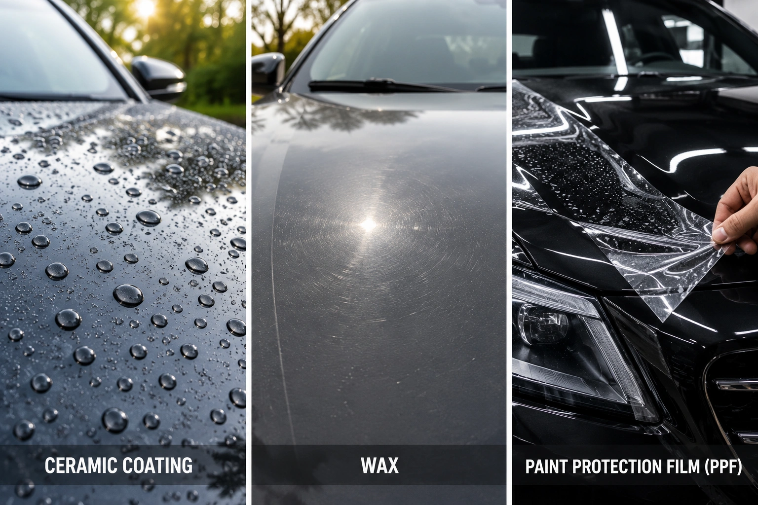Comparison of ceramic coating, car wax, and paint protection film on a vehicle's
                                    paint