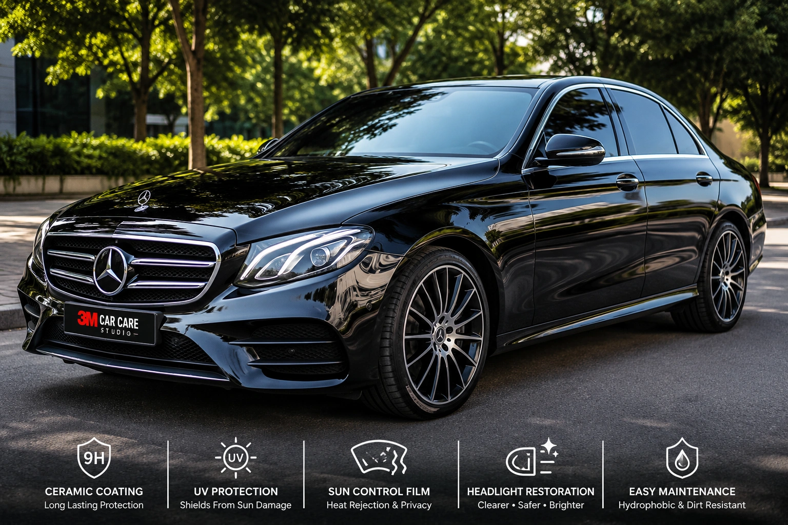 Luxury car protected with ceramic coating,
                                    restored headlights, and premium sun control window film