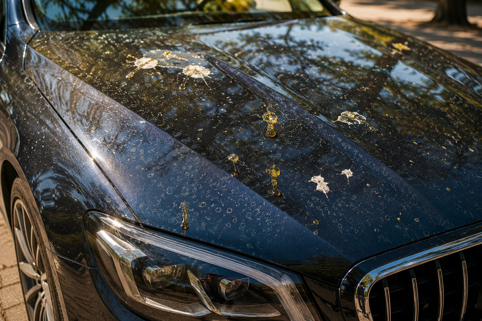 Luxury car showing bird droppings, tree sap, dust, and water spots causing daily
                                    paint damage