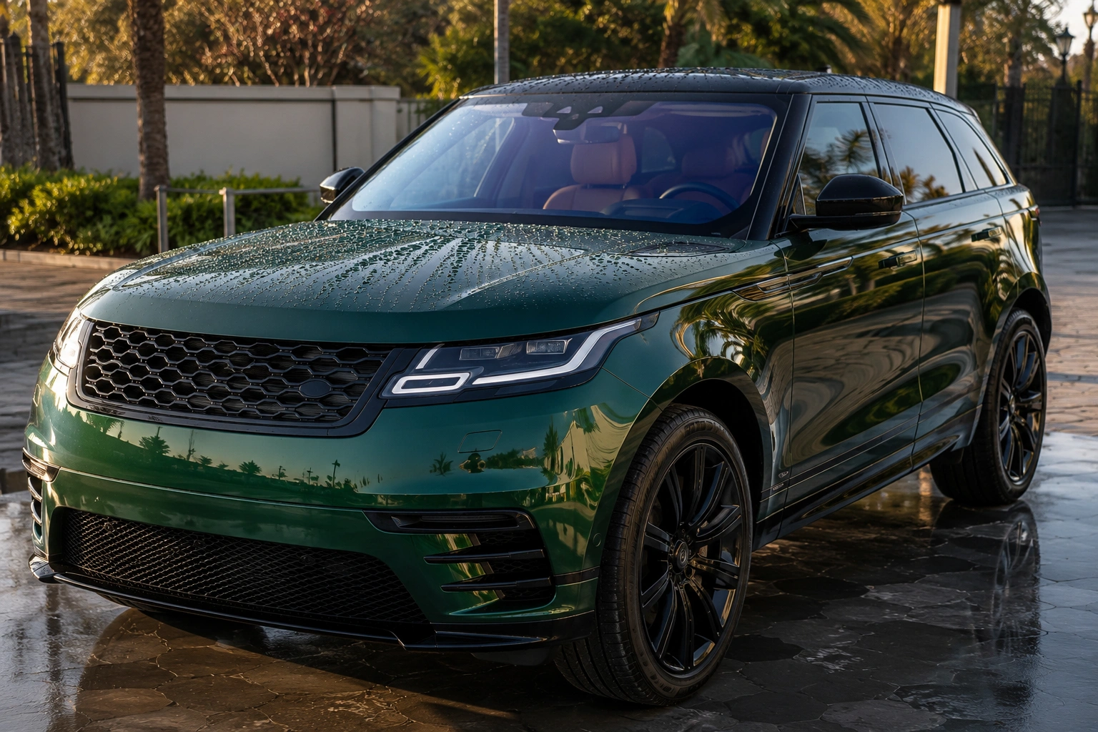 Luxury car with professionally applied ceramic coating showing water beading and a
                                    glossy finish