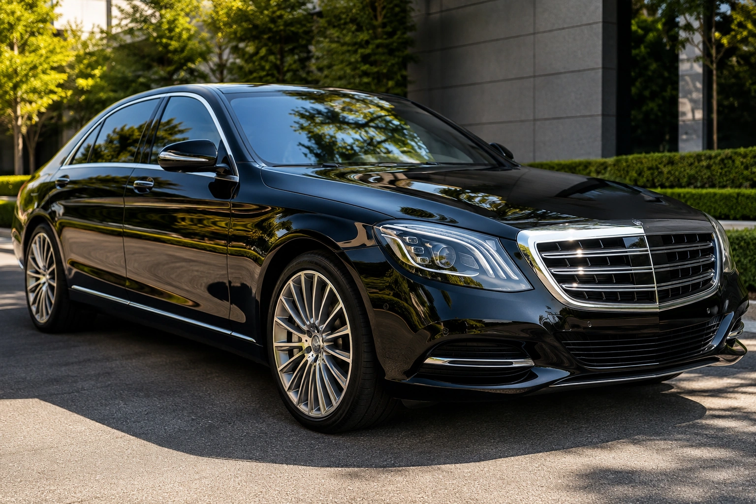 Luxury sedan with polished paint and ceramic coating showing a glossy mirror-like
                                    finish