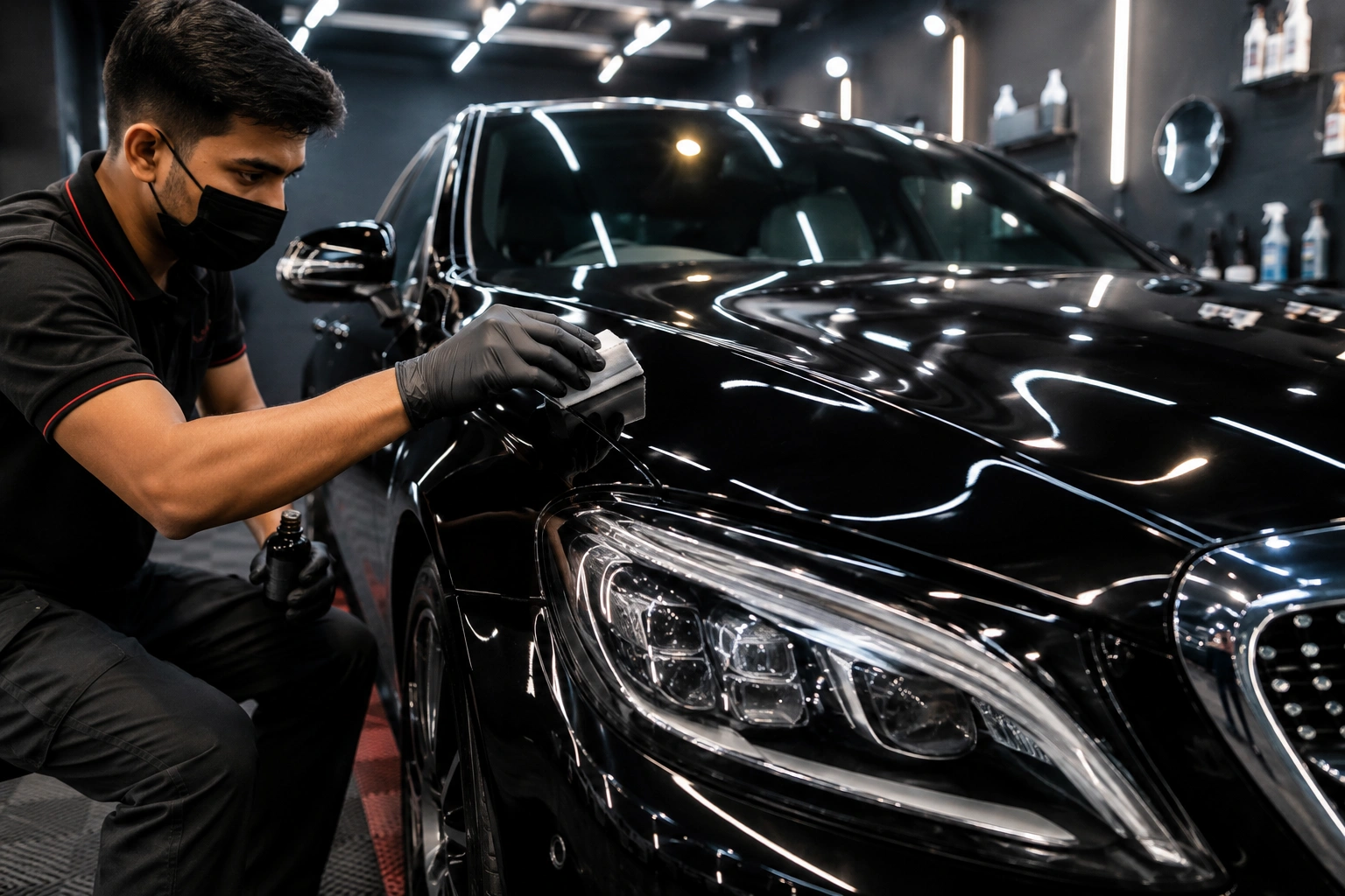 Technician installing transparent Paint Protection
                                    Film (PPF) on a white luxury car in a professional detailing studio