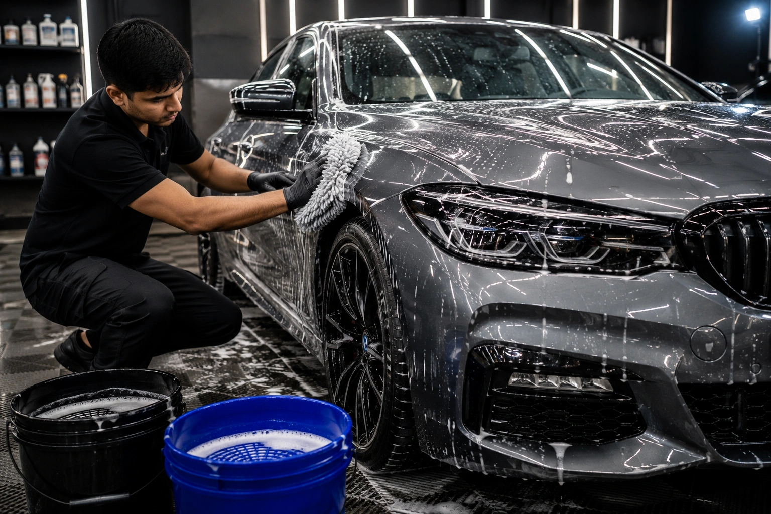 Technician installing transparent Paint Protection
                                    Film (PPF) on a white luxury car in a professional detailing studio