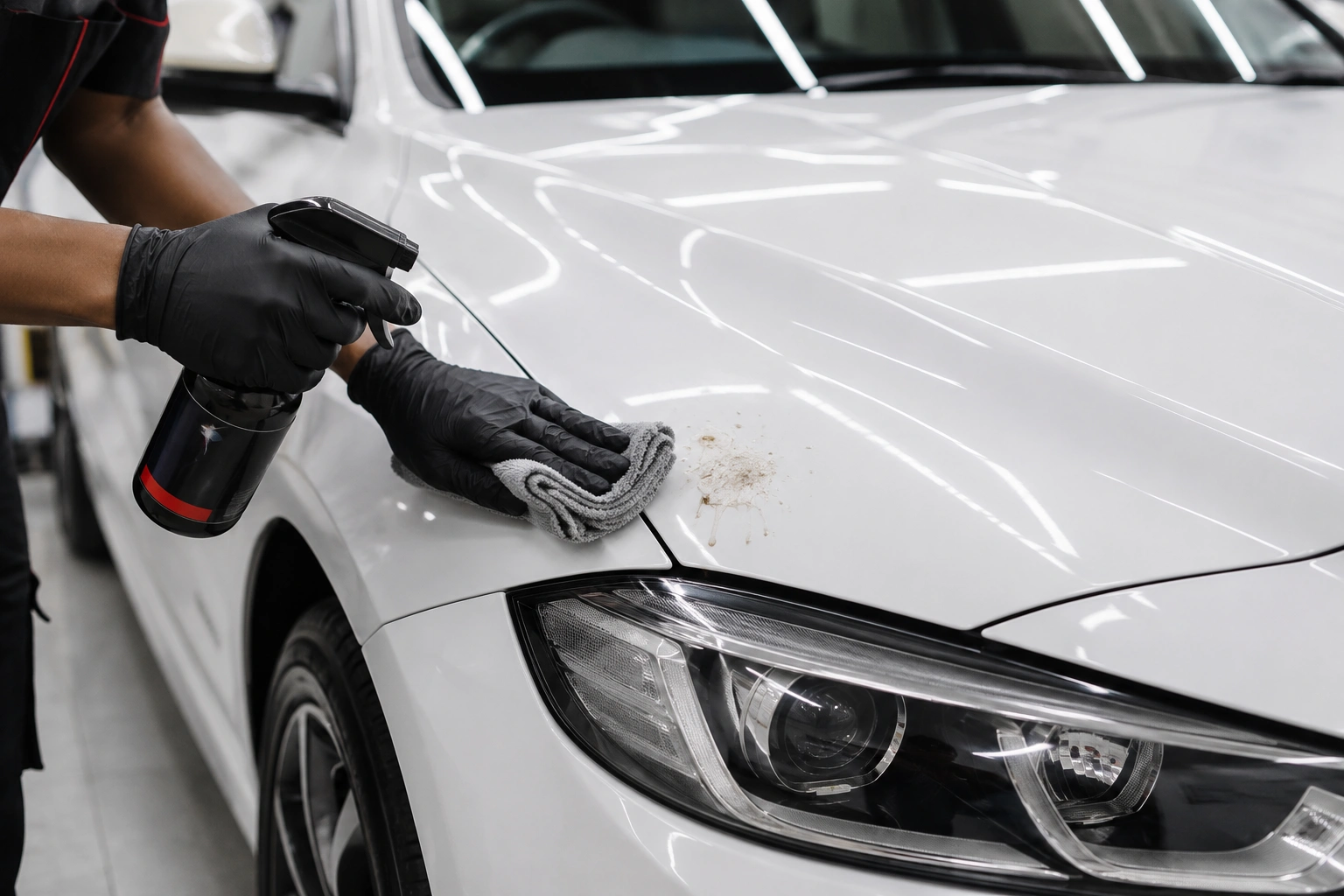 Professional removing bird droppings from car paint before
                                    permanent damage occurs