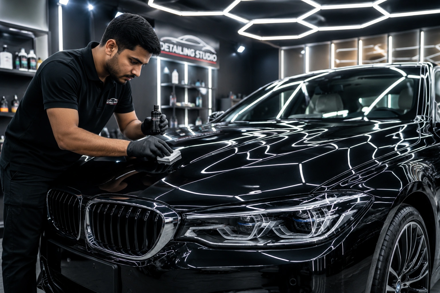 Technician installing transparent Paint Protection
                                    Film (PPF) on a white luxury car in a professional detailing studio