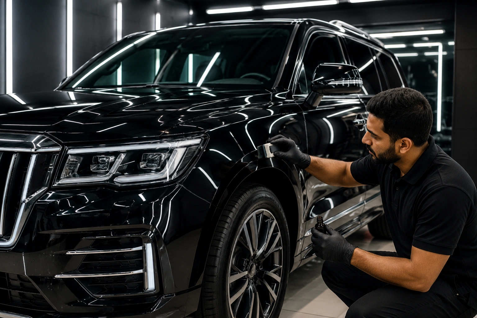 Professional technician applying ceramic
                                    coating to a luxury SUV inside a detailing studio