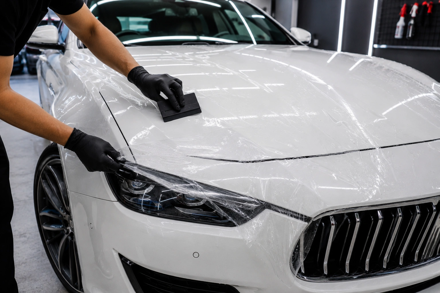 Technician installing transparent Paint Protection
                                    Film (PPF) on a white luxury car in a professional detailing studio